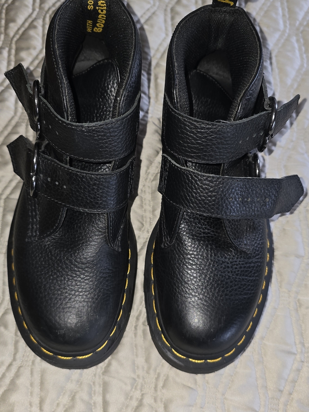 Dr. Martens Kids Black Leather Buckle Boots with Yellow Stitching